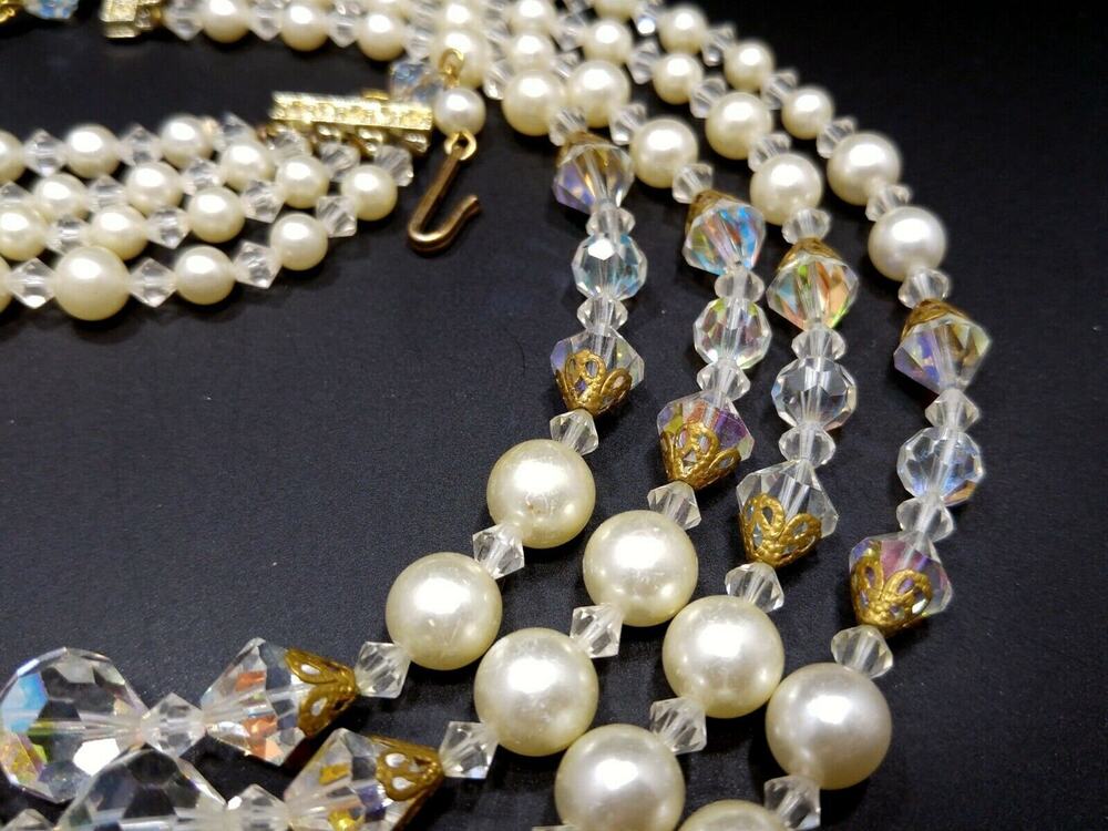 Mid Century AB Crystal Bead Necklace, Faux Pearls, Aurora Borealis, 1960s